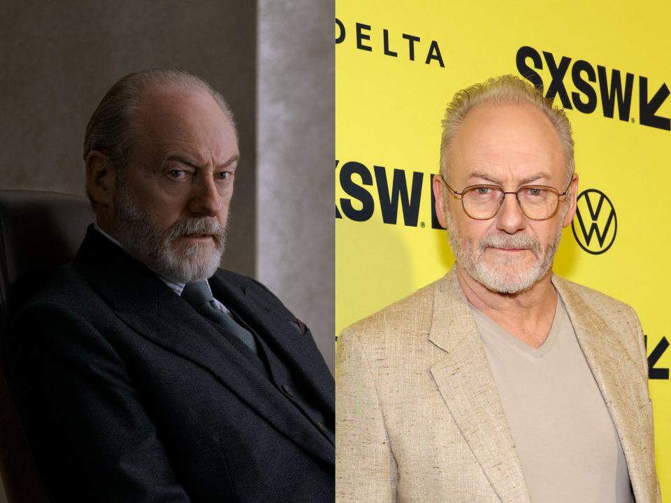 left: wade in 3 body problem, his hair and facial hair trimmed neatly. he's wearing a black suit; right: liam cunningham in a light brown jacket and shirt, wearing glasses at south by southwest