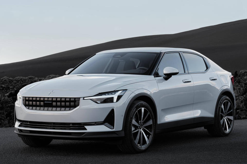 A white 2021 Polestar 2 electric vehicle