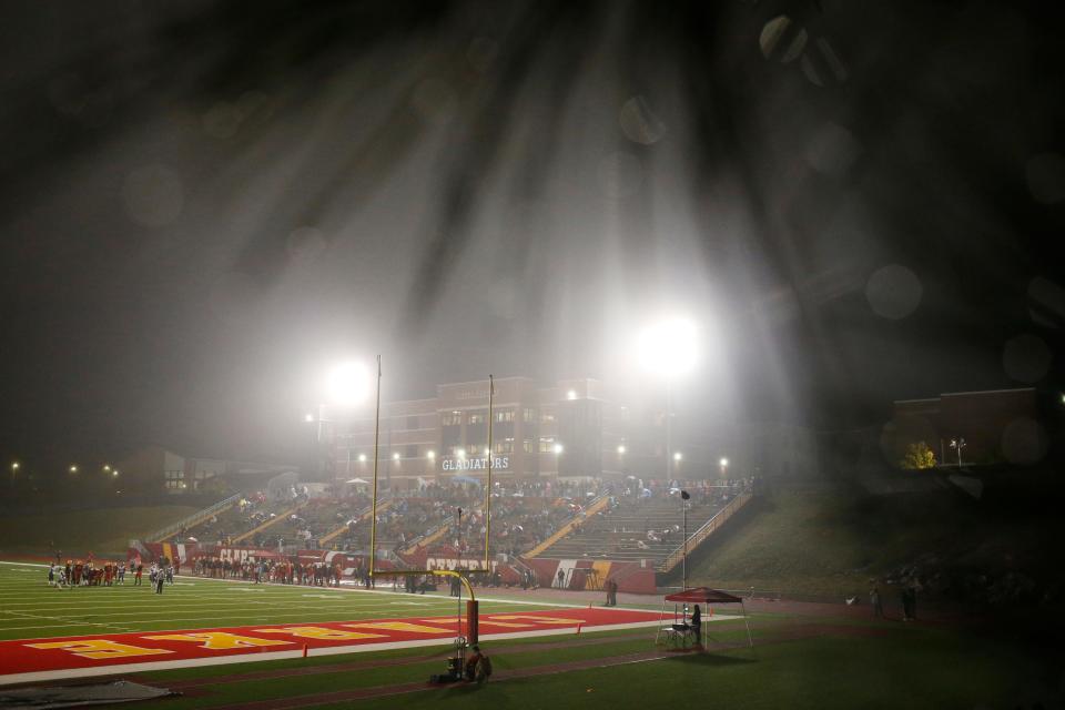 The rain held off but fog rolled in during an GHSA high school football between Cedar Shoals and Clarke Central in Athens, Ga., on Thursday, Oct. 28, 2021. Clarke Central won 42-21.