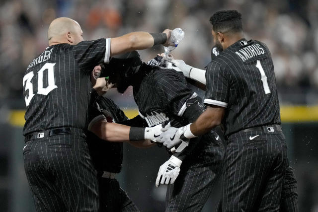 CHICAGO, IL - JUNE 09: Chicago White Sox center fielder Luis Robert Jr.  (88) looks on after hitting a game winning single during a Major League  Baseball game between the Miami Marlins