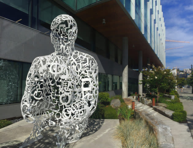 A sculpture titled “MIRALL” stands sentry at the Allen Institute’s headquarters in Seattle’s South Lake Union district. (GeekWire Photo / Kurt Schlosser)