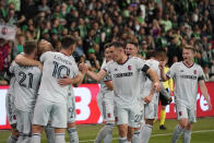 St Louis City celebrate after scoring against the Austin FC Austin FC during the first half of an MLS soccer match in Austin, Texas, Saturday, Feb. 25, 2023. (AP Photo/Eric Gay)