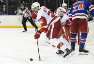 Detroit Red Wings defenseman Patrik Nemeth (22) skates with the puck during the second period of the team's NHL hockey game against the New York Rangers, Friday, Jan. 31, 2020, in New York. (AP Photo/Sarah Stier)