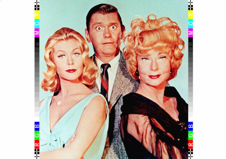 Actors Elizabeth Montgomery (left), Dick York (center), and Agnes Moorehead (right), the stars of the 1960's television show "Bewitched."