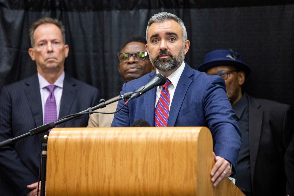 Attorney General Raúl Torrez holds a news conference to announce charges against LCPD officer, Brad Lunsford, for the death of Presley Eze on Tuesday, Oct. 3, 2023, at the Las Cruces Convention Center.