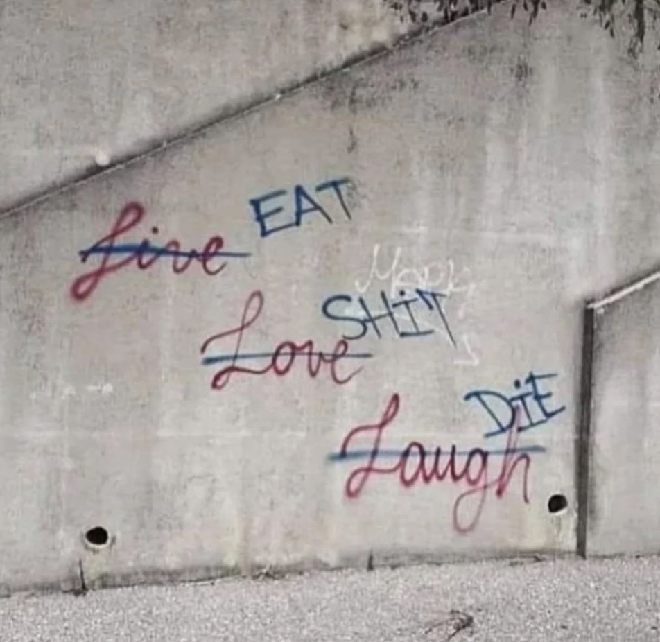 گرافیتی روی دیوار که این عبارت را تقلید می کند "زندگی کن بخند عشق بورز" با گفتن کلمات منفی اضافی "بخور شیت بمیر"