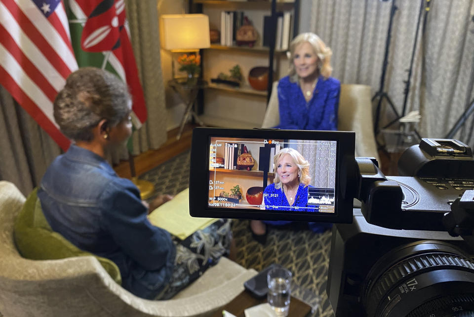 First Lady of the United States Jill Biden speaks is seen on a camera viewfinder during an interview with Associated Press White House reporter Darlene Superville in Nairobi, Kenya, Friday, Feb. 24, 2023. Biden told The Associated Press in the exclusive interview that she feels a kinship with Africa during her sixth visit to the continent. She says she wants to support nations fighting for democracy — "just like I feel we're doing in the United States." (AP Photo/Brian Inganga)