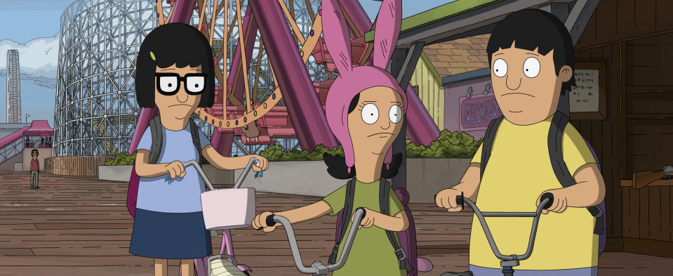 This image released by 20th Century Studios shows, from left, Tina Belcher, voiced by Dan Mintz, Louise Belcher, voiced by Kristen Schaal, and Gene Belcher, voiced by Eugene Mirman, in a scene from "The Bob's Burgers Movie." (20th Century Studios via AP)