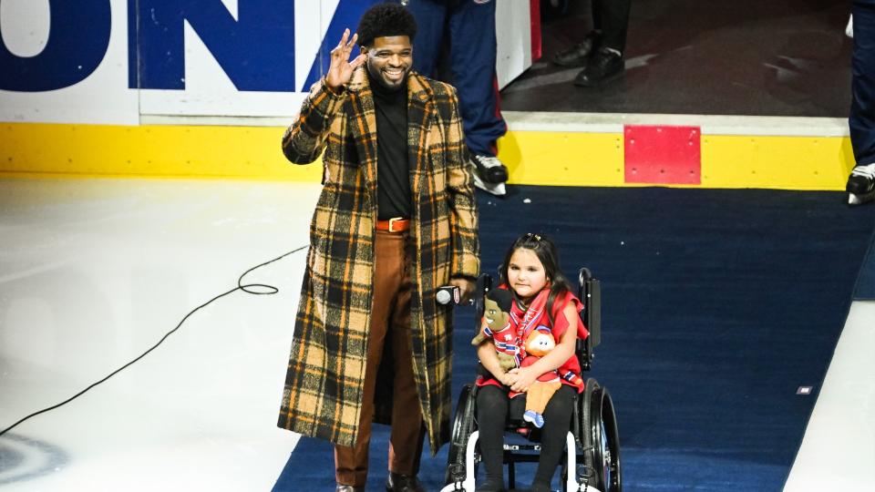 P.K. Subban came out to a raucous Bell Centre crowd accompanied by Mila, a young fan currently receiving care at the Montreal Children's Hospital. (Reuters)