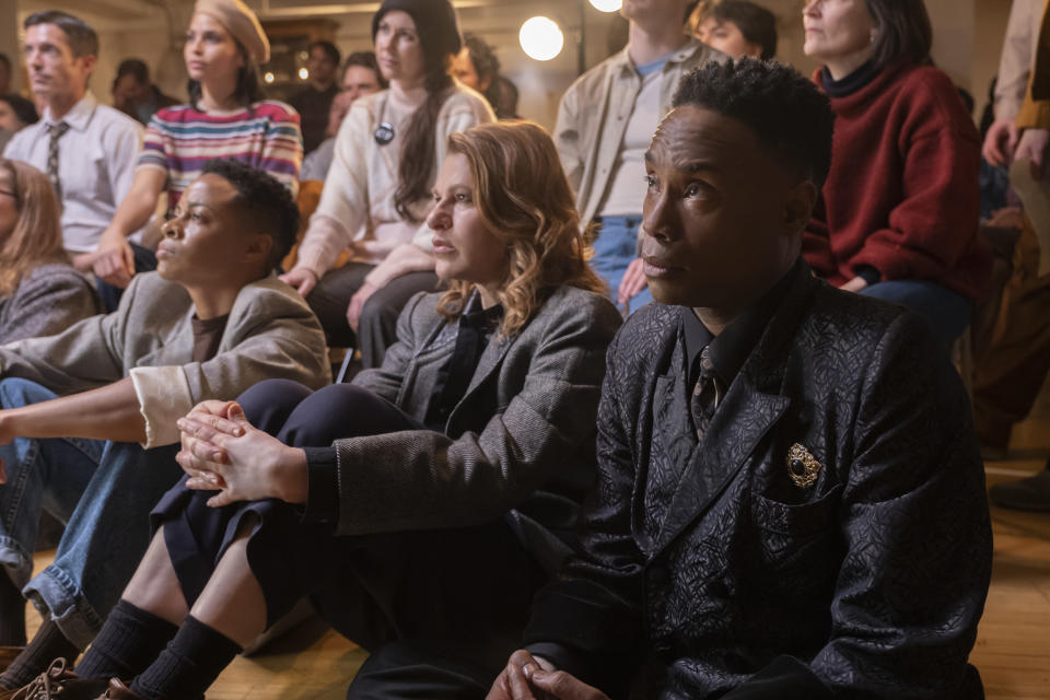 Danielle Cooper as Wanda, Sandra Bernhard as Nurse Judy and Billy Porter as Pray Tell attend an Act Up meeting to advocate for AIDS victims in the Season 2 premiere of FX's 'Pose' (Macall Polay/FX)