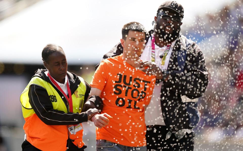 One of the protesters was escorted from the pitch to a loud chorus of boos and a healthy spraying of drinks from the unhappy crowd - PA/Mike Egerton 