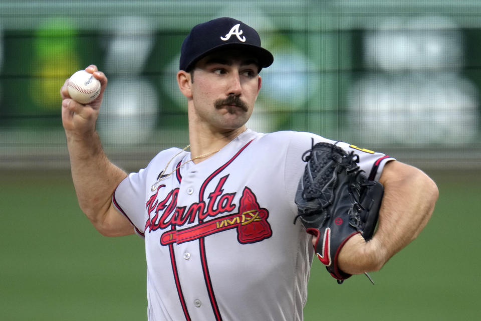 Atlanta Braves starting pitcher Spencer Strider delivers during the second inning of a baseball game against the Pittsburgh Pirates in Pittsburgh, Monday, Aug. 7, 2023. (AP Photo/Gene J. Puskar)