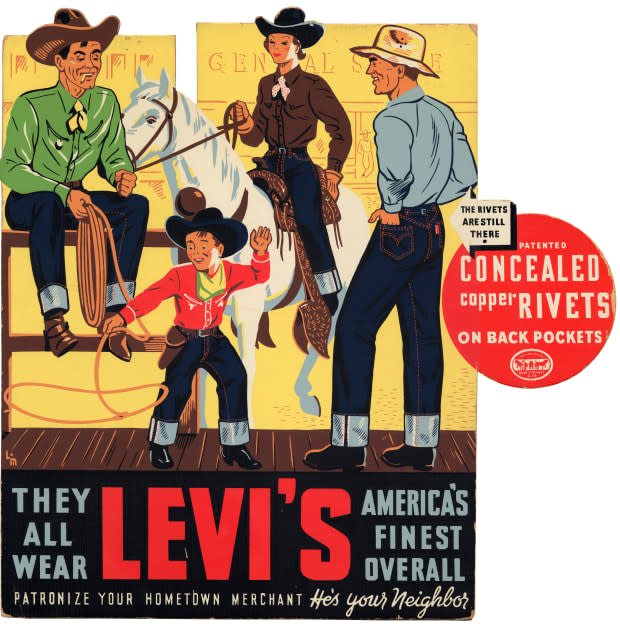 Counter cards like this one from 1938 were displayed in stores that sold Levi's. In the 1930s, the brand featured both cowboys and "dudes" in these ads.<p>Photo: Levi Strauss & Co. Archives/Courtesy of Levi's</p>