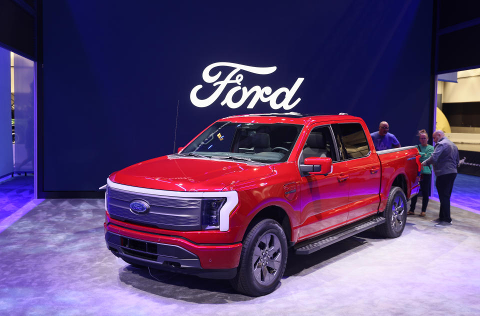 LOS ANGELES, CALIFORNIA - NOVEMBER 24: The Ford F-150 Lightning is displayed during the 2023 Los Angeles Auto Show at the Los Angeles Convention Center on November 24, 2023 in Los Angeles, California. This year’s edition of the Los Angeles Auto Show includes a range of new SUV models. (Photo by Josh Lefkowitz/Getty Images)