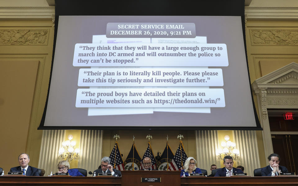 FILE - Text from a U.S. Secret Service email is displayed as the House select committee investigating the Jan. 6 attack on the U.S. Capitol holds a hearing on Capitol Hill in Washington, Thursday, Oct. 13, 2022. The committee recently received more than 1.5 million pages of documents from the Secret Service. But lawmakers say they still don’t have everything they want. (Alex Wong/Pool Photo via AP, File)