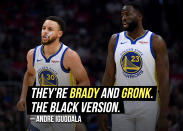 Andre Iguodala told The Athletic <a href="https://sports.yahoo.com/warriors-andre-iguodala-stephen-curry-draymond-green-are-nb-as-version-of-patriots-tom-brady-rob-gronkowsi-181003745.html" data-ylk="slk:his comparison of Golden State teammates;elm:context_link;itc:0;sec:content-canvas;outcm:mb_qualified_link;_E:mb_qualified_link;ct:story;" class="link  yahoo-link">his comparison of Golden State teammates</a> Steph Curry and Draymond Green.