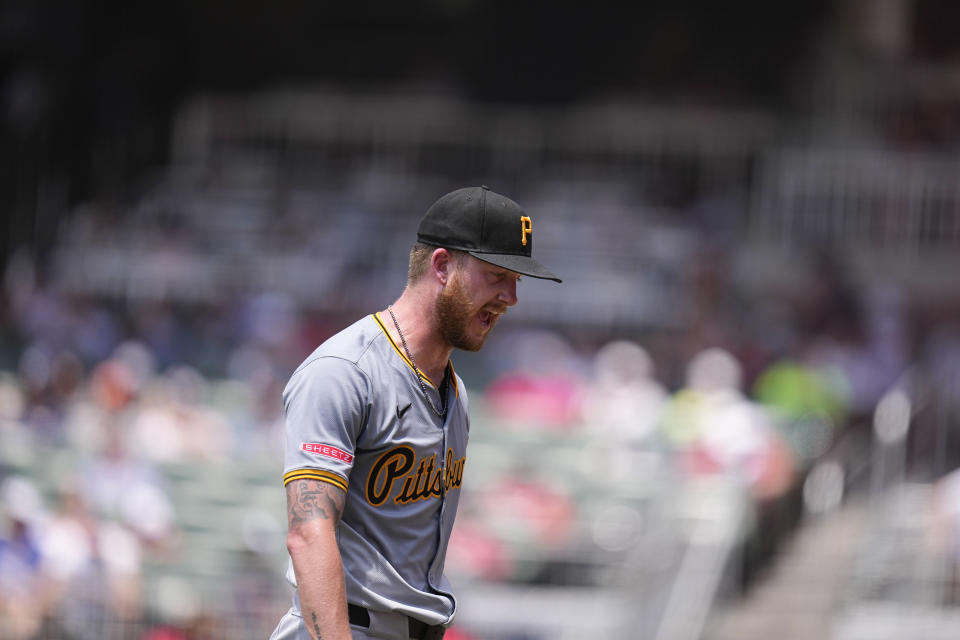 Pittsburgh Pirates pitcher Bailey Falter (26) reacts after the fourth inning of a baseball game against the Atlanta Braves, Sunday, June 30, 2024, in Atlanta. (AP Photo/Brynn Anderson)