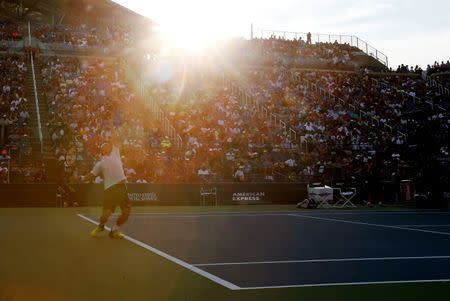 Sep 5, 2016; New York, NY, USA; Kei Nishikori of Japan serves to Ivo Karlovic of Croatia on day eight of the 2016 U.S. Open tennis tournament at USTA Billie Jean King National Tennis Center. Mandatory Credit: Jerry Lai-USA TODAY Sports