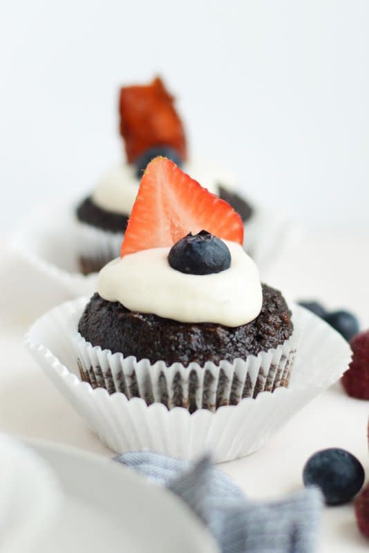<p>Fit Foodie Finds</p><p>These healthy chocolate cupcakes include Greek yogurt and coconut sugar to keep things light! <strong><a href="http://fitfoodiefinds.com/2014/06/caveman-chocolate-cupcakes/" rel="nofollow noopener" target="_blank" data-ylk="slk:Click HERE for recipe;elm:context_link;itc:0;sec:content-canvas" class="link ">Click HERE for recipe</a>. </strong></p>