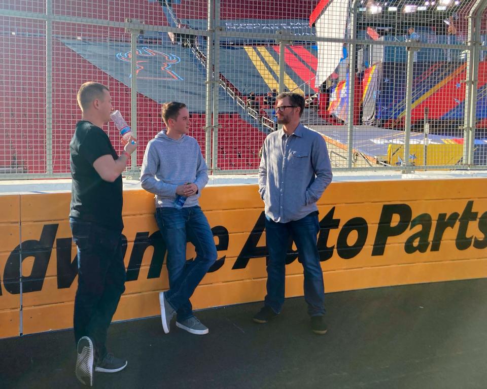 Dale Earnhardt Jr., right, talks with Ryan Preece, left, and Christopher Bell, center, before last year's Busch Light Clash in Los Angeles.