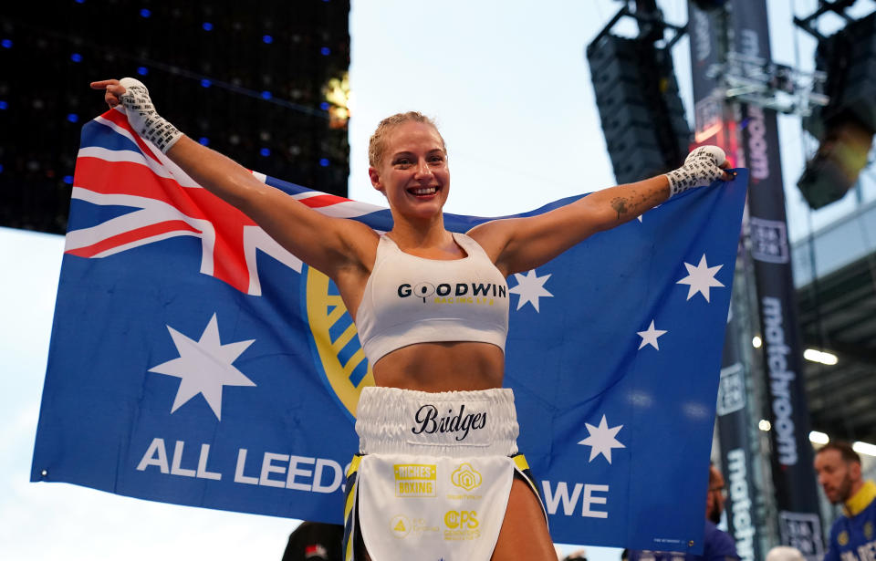 Ebanie Bridges, pictured here after victory over Mailys Gangloff in Leeds in September.