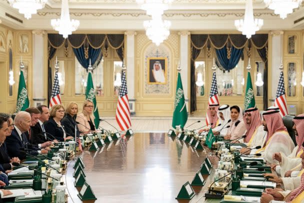 PHOTO: President Joe Biden participates in a working session with Saudi Crown Prince Mohammed bin Salman at the Al Salman Royal Palace, July 15, 2022, in Jeddah, Saudi Arabia. (Evan Vucci/AP)