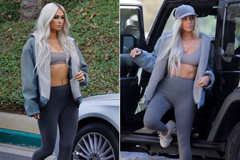 Paris Hilton (left) posing as Kim Kardashian West (right) for the Yeezy season 6 campaign