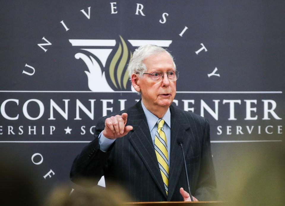 Sen. Mitch McConnell urged support for Ukraine during a speech at the University of Louisville Monday. Oct. 30, 2023.