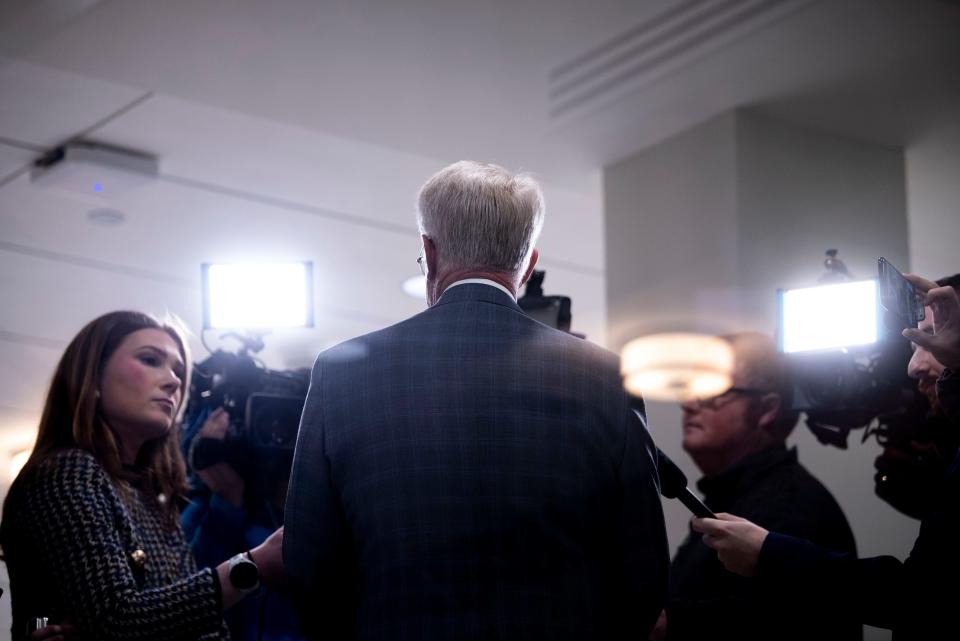 Sen. Jon Lundberg, R-Bristol, speaks to the press about a bill that may vacate the board of Tennessee State University, after a Senate Government Operations Committee meeting Wednesday.