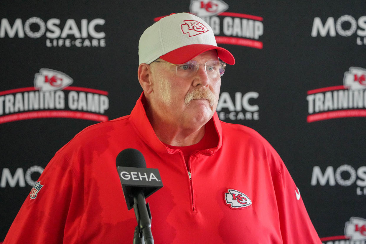 Jul 26, 2024; Kansas City, MO, USA; Kansas City Chiefs head coach Andy Reid speaks to the media after training camp at Missouri Western State University. Mandatory Credit: Denny Medley-USA TODAY Sports