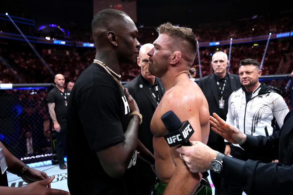 LAS VEGAS, NEVADA - JULY 08: UFC middleweight champion Israel Adesanya faces off against Dricus Du Plessis of South Africa during the UFC 290 event at T-Mobile Arena on July 08, 2023 in Las Vegas, Nevada. (Photo by Jeff Bottari/Zuffa LLC via Getty Images)