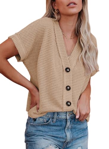 Womens Waffle Knit Tops Short Sleeve Drop Shoulder Loose Shirts Casual V  Neck Trendy Versatile Basic Sweater T Shirt