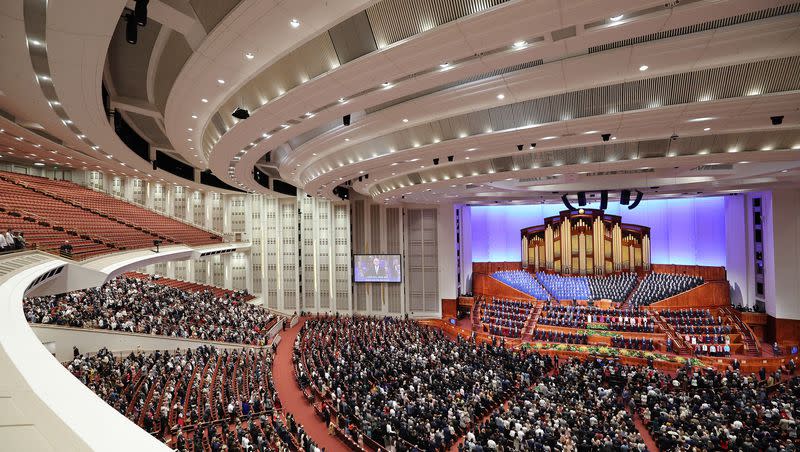 Attendees sing during a congregational hymn during the Sunday morning session of the 193rd Annual General Conference of The Church of Jesus Christ of Latter-day Saints in the Conference Center in Salt Lake City on Sunday, April 2, 2023.