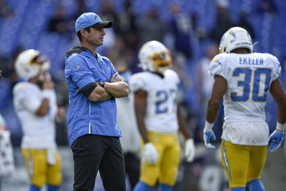 Los Angeles Chargers head coach Brandon Staley looks on as his team works out prior to an NFL football game against the Baltimore Ravens, Sunday, Oct. 17, 2021, in Baltimore. (AP Photo/Gail Burton)