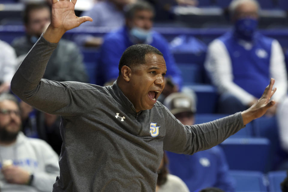 Southern University coach Sean Woods reacts to the team's play during the first half of an NCAA college basketball game against Kentucky in Lexington, Ky., Tuesday, Dec. 7, 2021. (AP Photo/James Crisp)