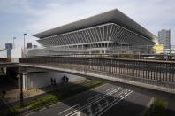 Tokyo Aquatics Centre, where swim trials were being held for Japan's Olympic team, in Tokyo Thursday, April 8, 2021. The aquatics center is also a planned venue for the Tokyo 2020 Olympic and Paralympic Games, rescheduled to start in July 2021. Many preparations are still up in the air as organizers try to figure out how to hold the postponed games in the middle of a pandemic. (AP Photo/Hiro Komae)