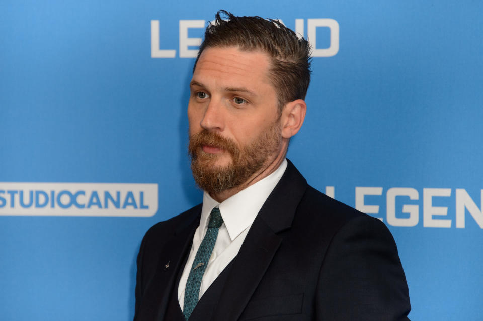 Tom Hardy poses for photographers at the World Premiere for Legend at a central London cinema, London, Thursday, Sept. 3, 2015. (Photo by Jonathan Short/Invision/AP)