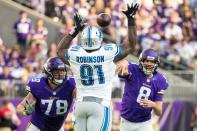 <p>Minnesota Vikings quarterback Sam Bradford (8) throws over Detroit Lions defensive tackle A’Shawn Robinson (91) during the third quarter at U.S. Bank Stadium. The Lions defeated the Vikings 22-16. Mandatory Credit: Brace Hemmelgarn-USA TODAY Sports </p>