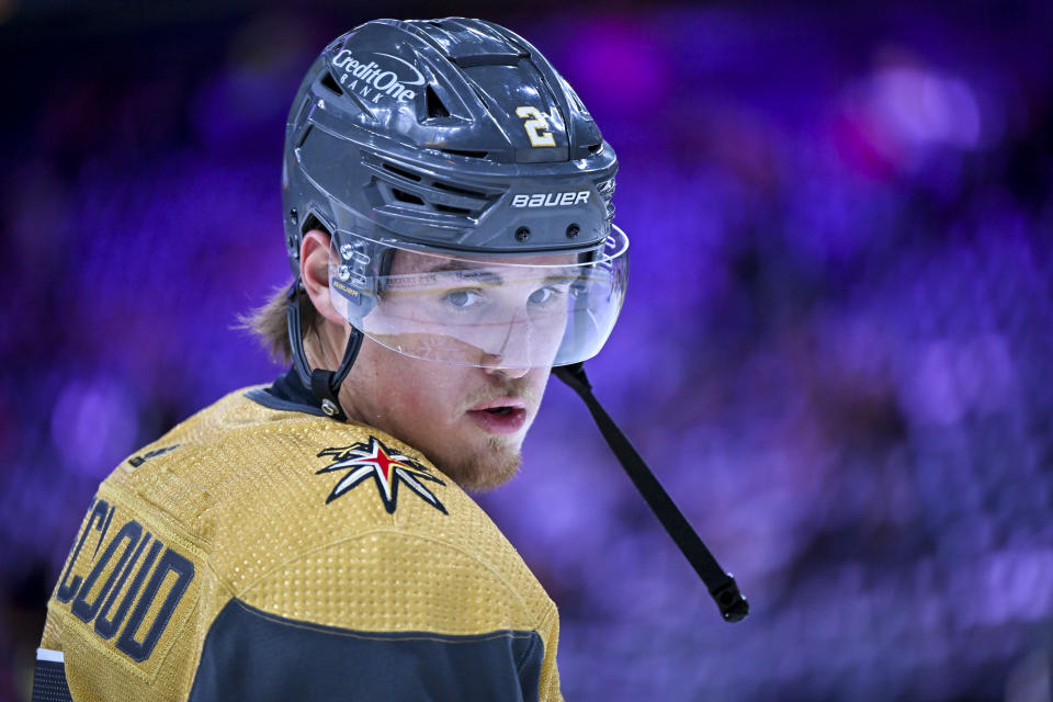 LAS VEGAS, NEVADA - MAY 06: Zach Whitecloud #2 of the Vegas Golden Knights warms up prior to Game Two of the Second Round of the 2023 Stanley Cup Playoffs against the Edmonton Oilers at T-Mobile Arena on May 06, 2023 in Las Vegas, Nevada. (Photo by David Becker/NHLI via Getty Images)