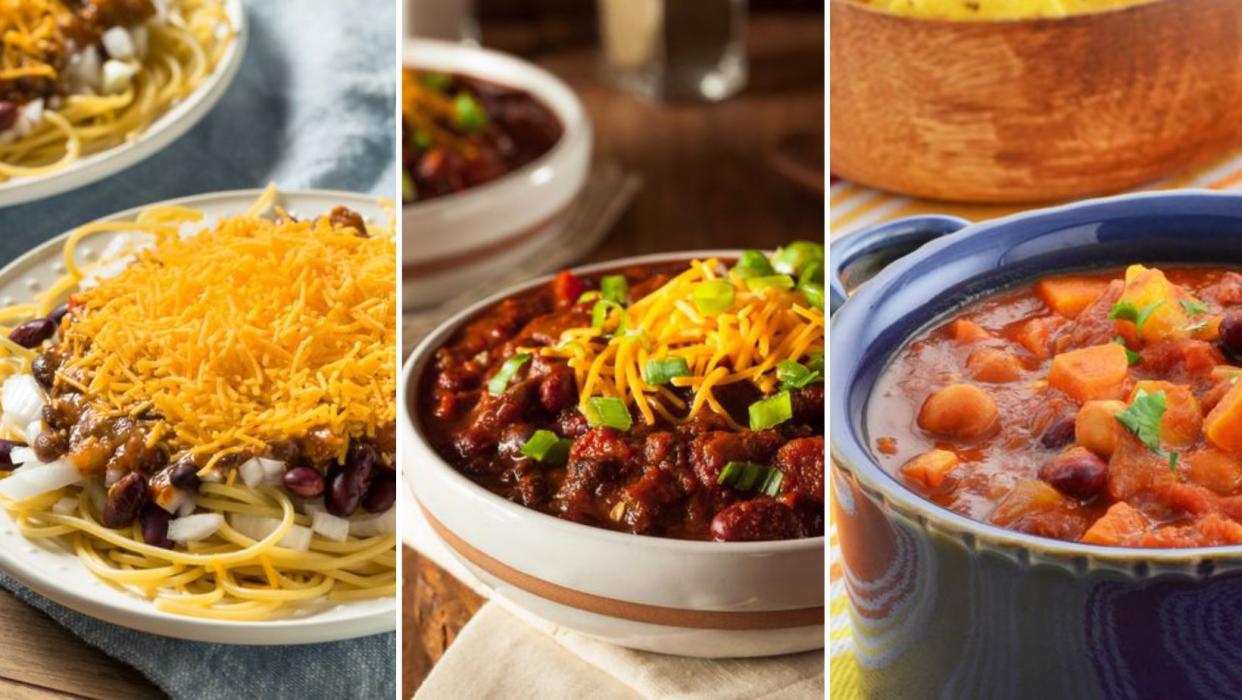 Three different examples of chili with beans: Cincinnati style on pasta, chili with meat and beans, and vegetarian chili with beans