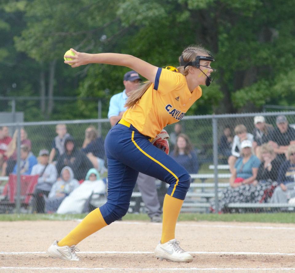 Gaylord's Aubrey Jones pitches during the 2022 regional finals matchup with Escanaba.