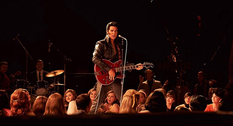 Black leather, baby: Elvis (Austin Butler) returns to his rebel roots during the "'68 comeback special" segment of Baz Luhrmann's "Elvis."