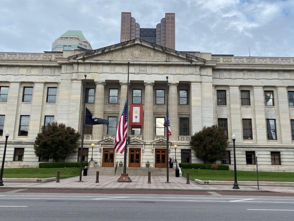 The flags being flown at half-staff in Columbus, Ohio, on Wednesday, May 25, 2022.