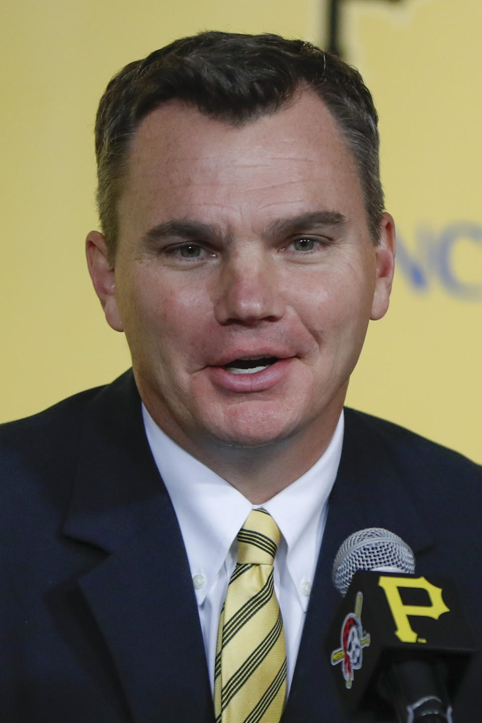 Ben Cherington answers questions during a news conference where he was introduced as the new general manager of the Pittsburgh Pirates baseball team, Monday, Nov. 18, 2019, in Pittsburgh.(AP Photo/Keith Srakocic)