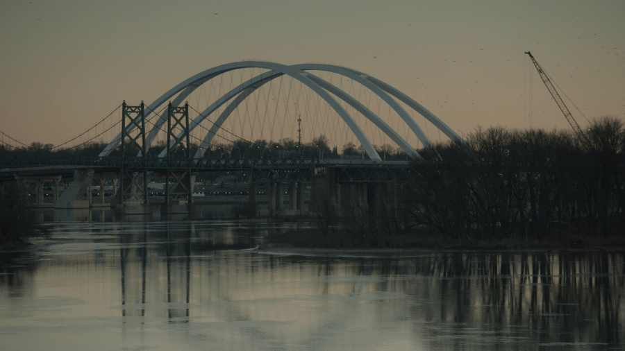A view of the new and old I-74 bridges in “Bettendorf Talks.”