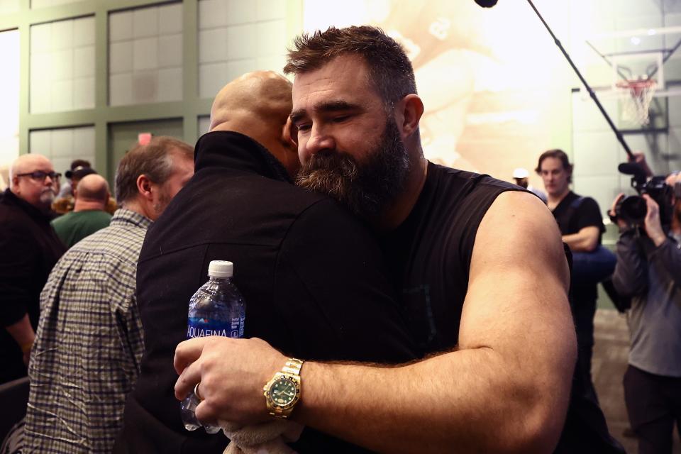 Jason Kelce #62 of the Philadelphia Eagles greets members of the media after announcing his retirement from the NFL at NovaCare Complex on March 04, 2024 in Philadelphia, Pennsylvania