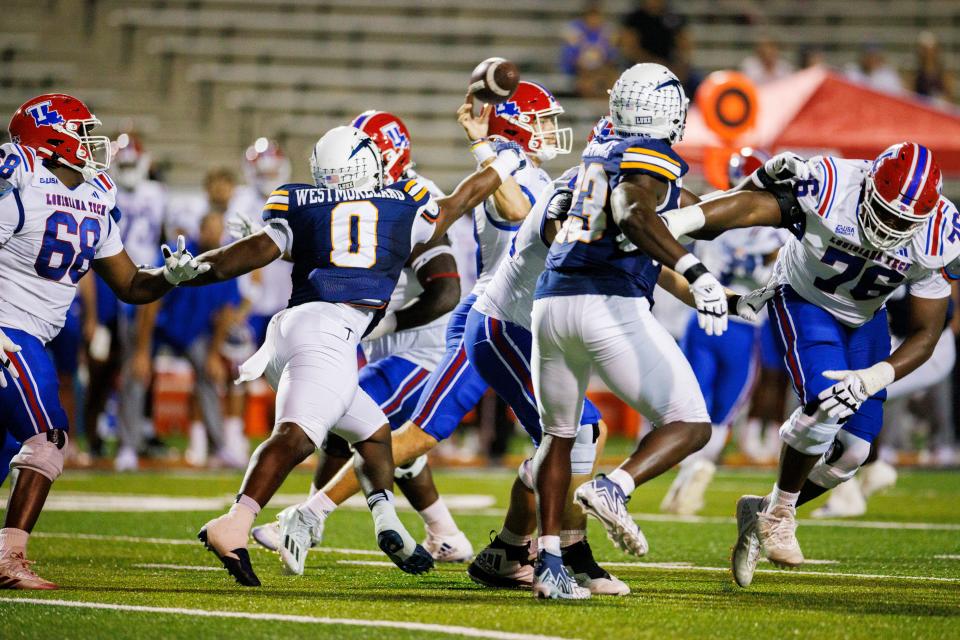 UTEP Miners Maurice Westmoreland (0) pressures the Louisiana Tech Bulldogs quarterback during the first half at Sun Bowl Stadium in El Paso, Texas, Friday, September 29, 2023.