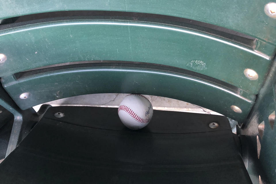 A baseball sits in a seat at Oracle Park after a baseball game between the San Francisco Giants and the Seattle Mariners, Thursday, Sept. 17, 2020, in San Francisco. (AP Photo/Janie McCauley)