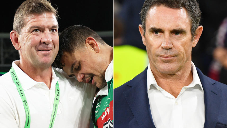 Pictured left to right is Rabbitohs coach Jason Demetriou, Souths star Latrell Mitchell and Blues coach Brad Fittler.