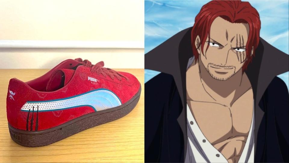 One Piece Puma Collaboration Shanks Scars on shoe and shanks scars from the anime